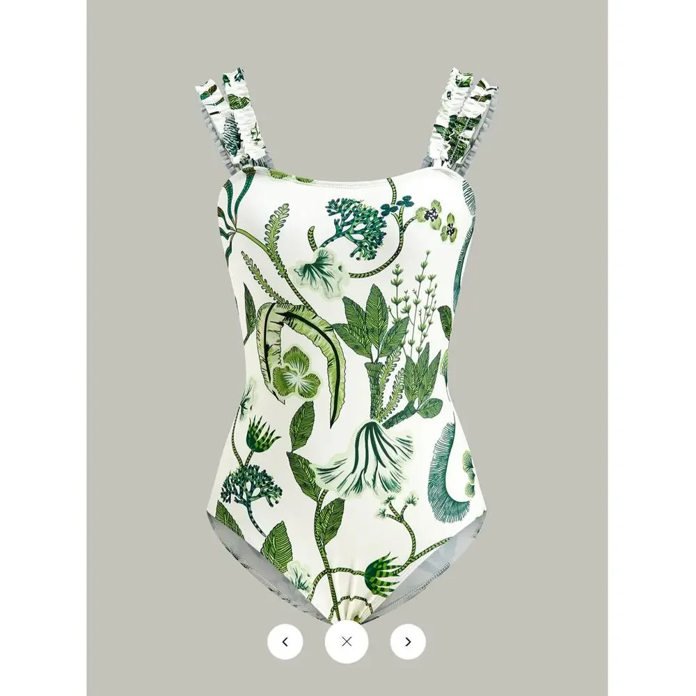 Commense Floral Print Ruffle Strap One-Piece Swimsuit and Skirt cover Up Sz L
